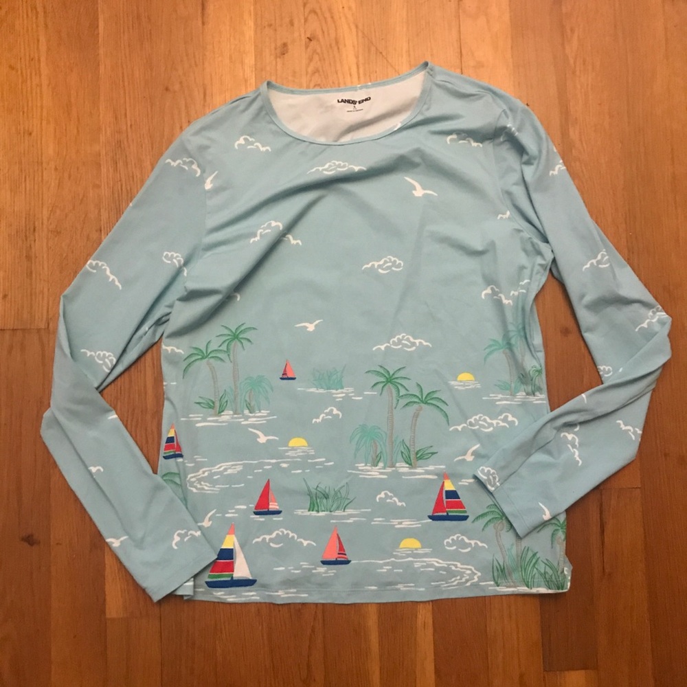 Lands’ End Sailboat Beach Swim Rash Guard Long Sleeve Shirt 6/8 S